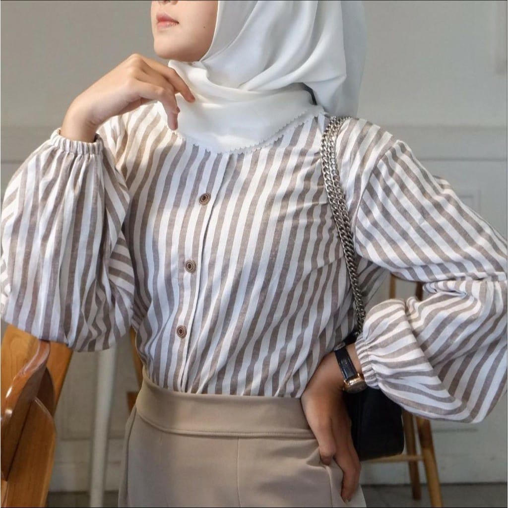 baju blouse blus bluse kemeja atasan wanita lengan balon motif salur garis formal kasual casual mode