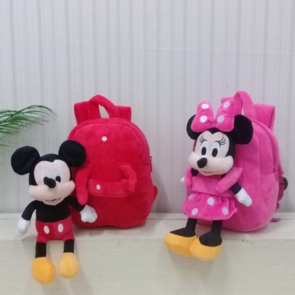 Toysopedia Tas Ransel Boneka Mickey Minnie Size M/Backpack Anak Paud/Tas Karakter Miki Mini Boneka Bisa Dilepas