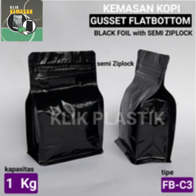 GUSSET FLATBOTTOM 1KG HITAM/KANTONG KEMASAN KOPI/PLASTIK KLIP POUCH