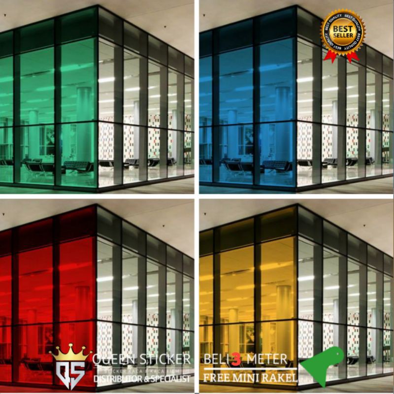 Stiker Kaca Film Jendela Rumah Gedung Riben Merah Kuning Hijau Biru Meteran