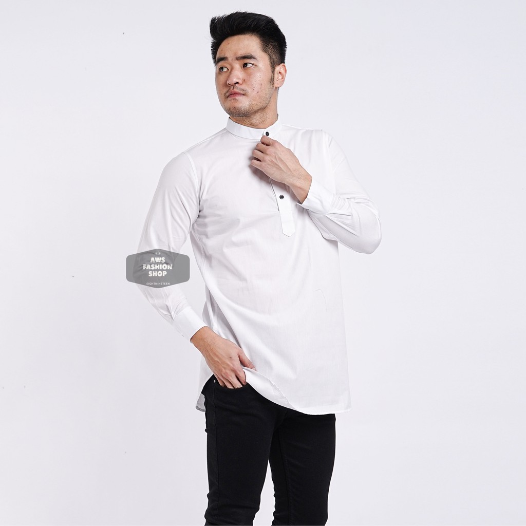 Kemeja Kurta Lengan Panjang Pria Cowok Putih White Polos Kerah Shanghai Ada Big Size