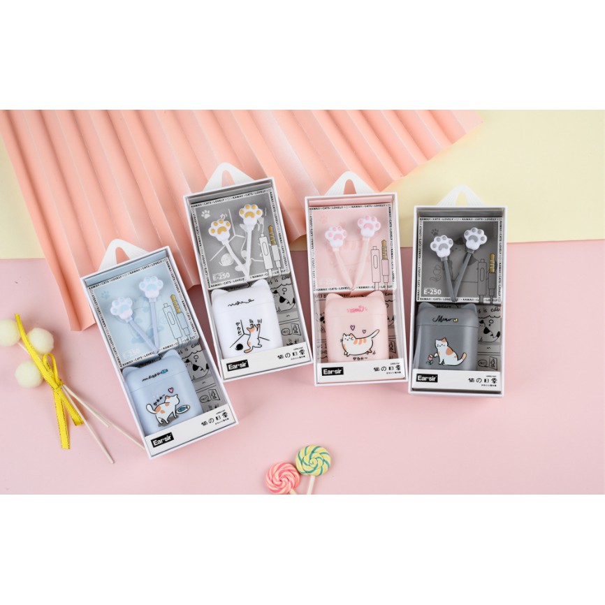 [E-250] Set Headset Earphone Kartun KUCING / Wadah Earphone Karakter KUCING Lucu / Earphone Case Karakter