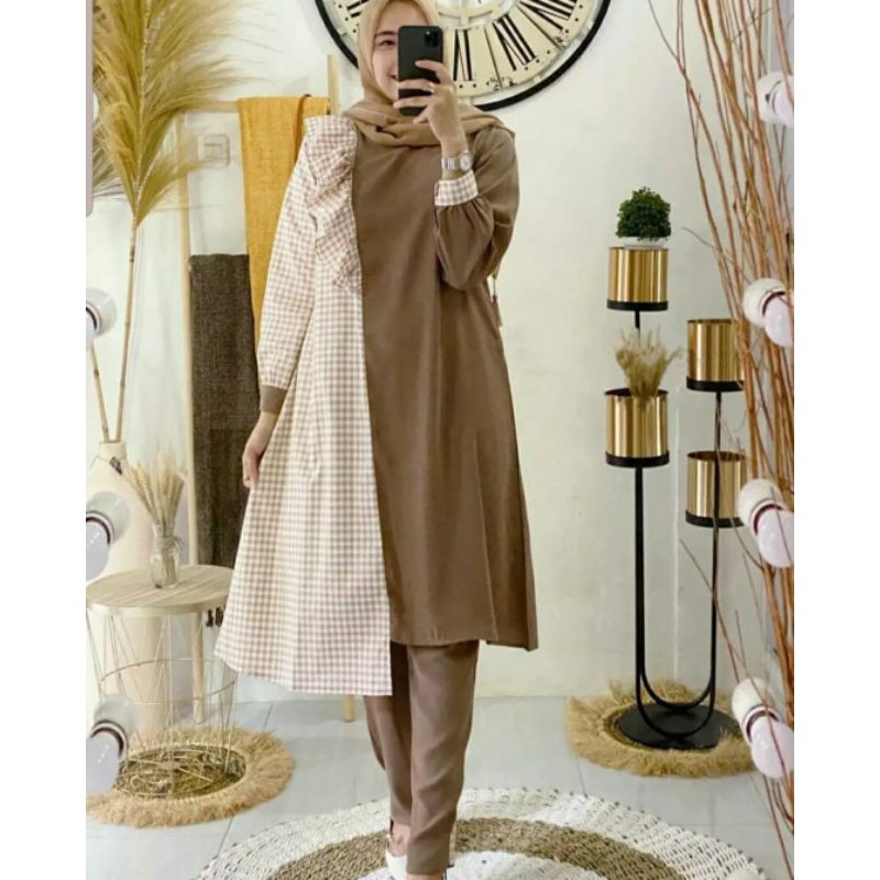 Desita Set / Setelan tunik + celana wanita motif semi kotak²
