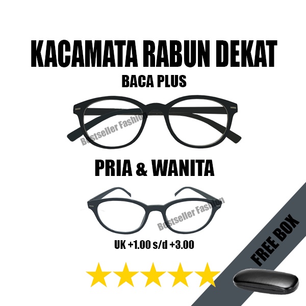 Kacamata Baca Bingkai Oval Lensa Plus +1.00 s/d+3.00 Pria/Wanita Kacamata Rabun Dekat Hitam Unisex FREECASE