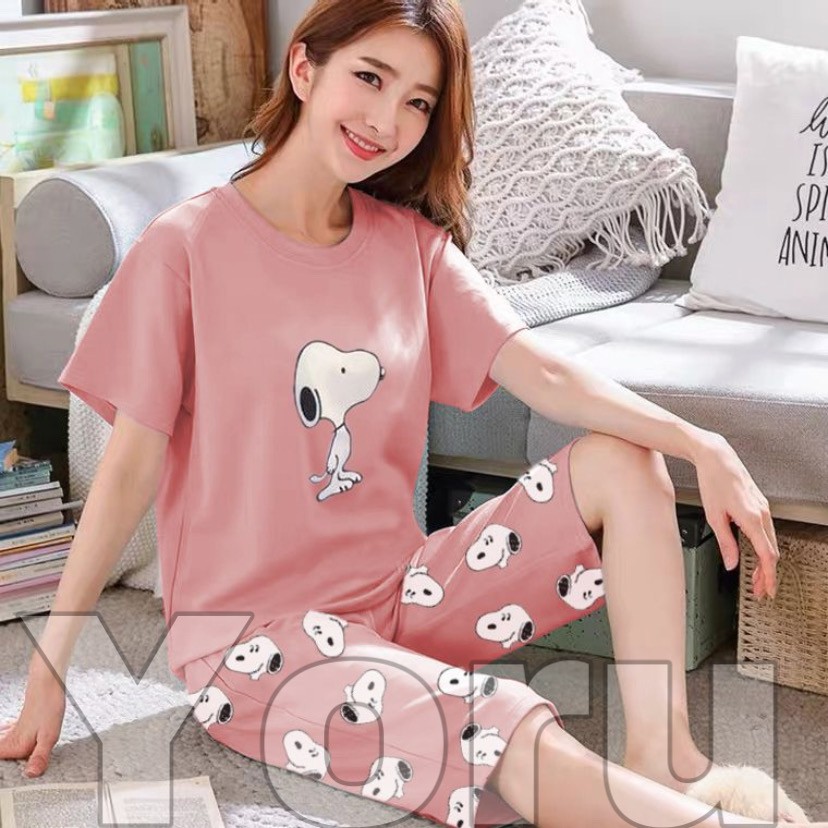 Pamelo.id Stelan C3/4 Baby Doll / Suplier Sleep Wear / Baju Tidur Wanita kaos Katun / Stelan Baju Tidur Murah Produk Terlaris Set HP-C3/4 Snopii salem