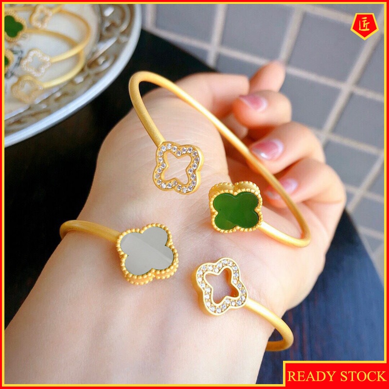 [Ready Stock]925 Silver Elegant Noble Gold Clover White Jade Bracelet