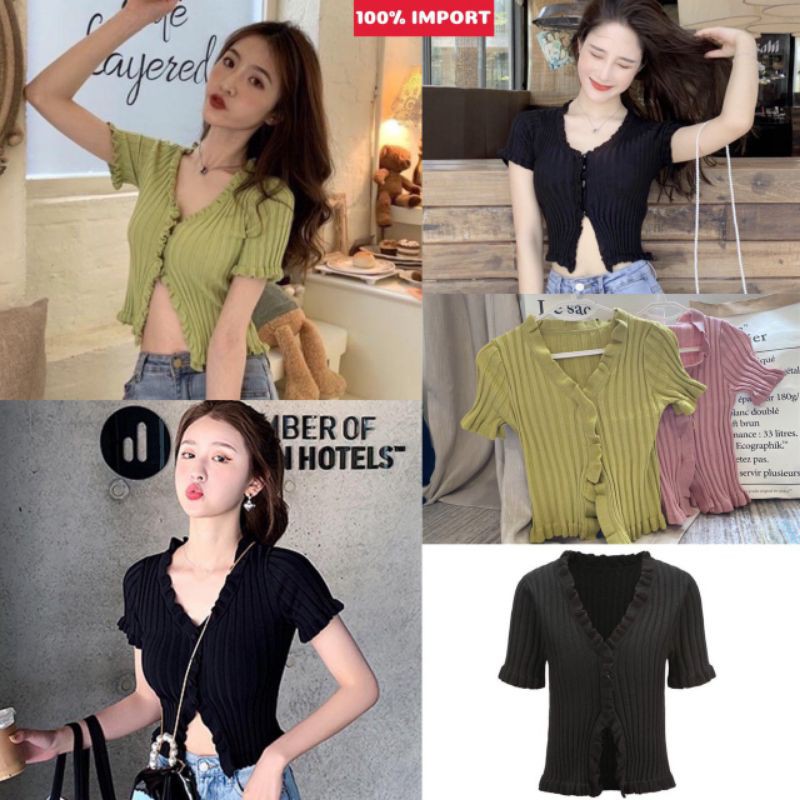 Korean Look #BL8267 Blackpink Jennie Ruffle Knit Top Rajut Import Stretch Melar Hits Kekinian Atasan