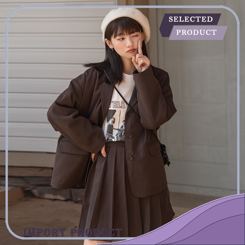 Blazer Wanita Huangzheng Kolej Coklat Wool ( New Lepas Sdalamgle Dada Coat Dalam Awal Sprdalamg ) Im