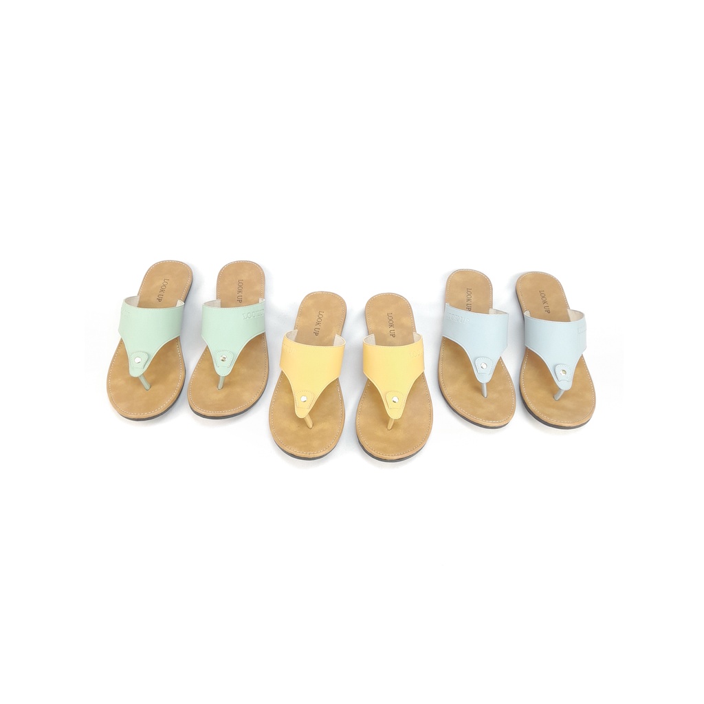 Sandal Wanita Jepit Kekinian Kulit Sintetis Motif Warna Pastel Sol Karet Anti Licin Look Up - OLIE