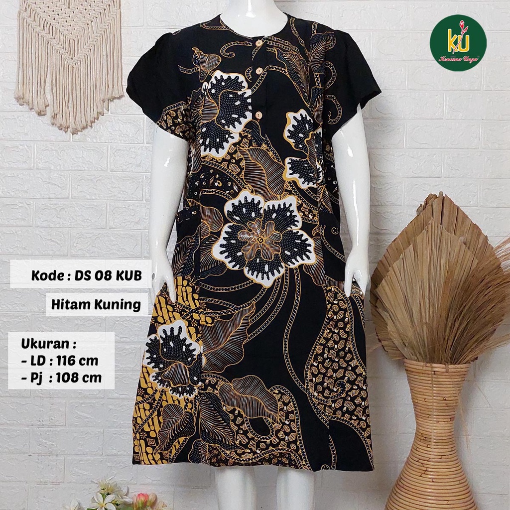 Bisa COD DS08 KUB | Daster Batik Kencana Ungu Asli Label Biru | Baju Santai Tidur Wanita Dewasa Kancing Depan Busui Friendly Motif Terbaru-Hitam Kuning