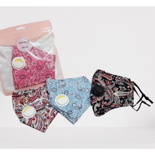 Masker mulut Dewasa KATUP RESPIRATOR motif Batik Filter Penyaring Kain Cotton Earloop Adjustable