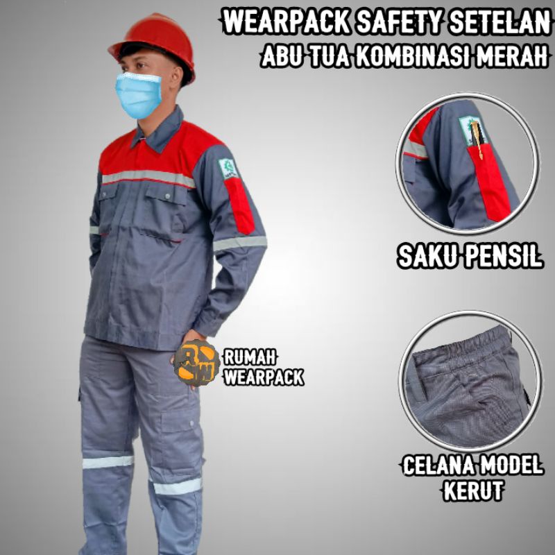 Setelan Wearpack Safety dan Celana Safety Abu Tua Kombinasi Merah