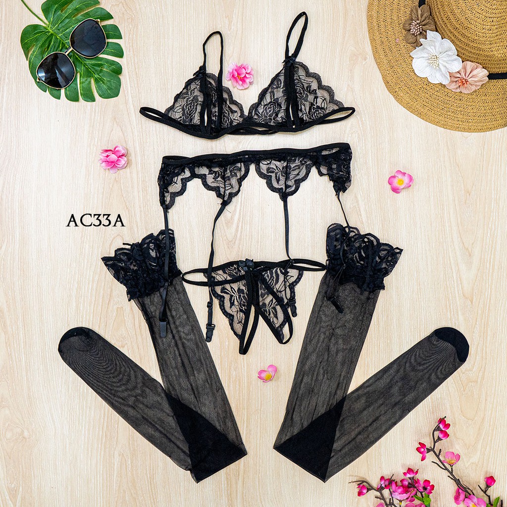 [PRIVASI AMAN] BRA SET BH CD SEKSI + SABUK PAHA + STOCKING SEXY LACE HITAM AC33A