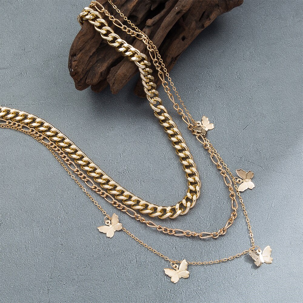 Vintage Multilayer Pendant Butterfly Necklace for Women Gold Chain Fashion Jewelry