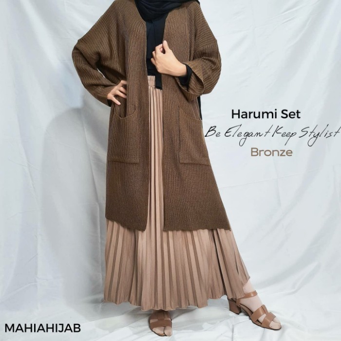 Harumi one set Long Cardi Rajut + Rok Plisket KOREAN STYLE paket hemat OOTD HIJAB, SETELAN LENGKAP