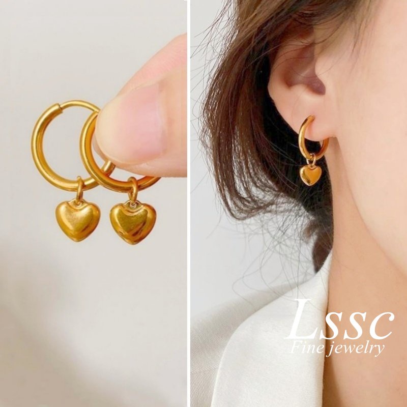 Anting Hoop Titanium Hati Lapis Emas 18K Anti Karat Aksesoris Perhiasan Wanita Fashion Korea