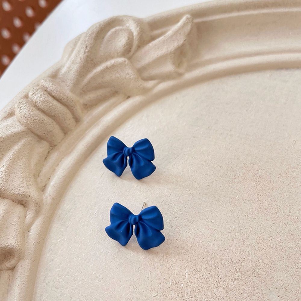 Needway  Simple Bow Stud Earrings Geometric Flower Clip Earrings Without Piercing Earring Pearl Women Asymmetry Korean Exquisite Alloy Blue