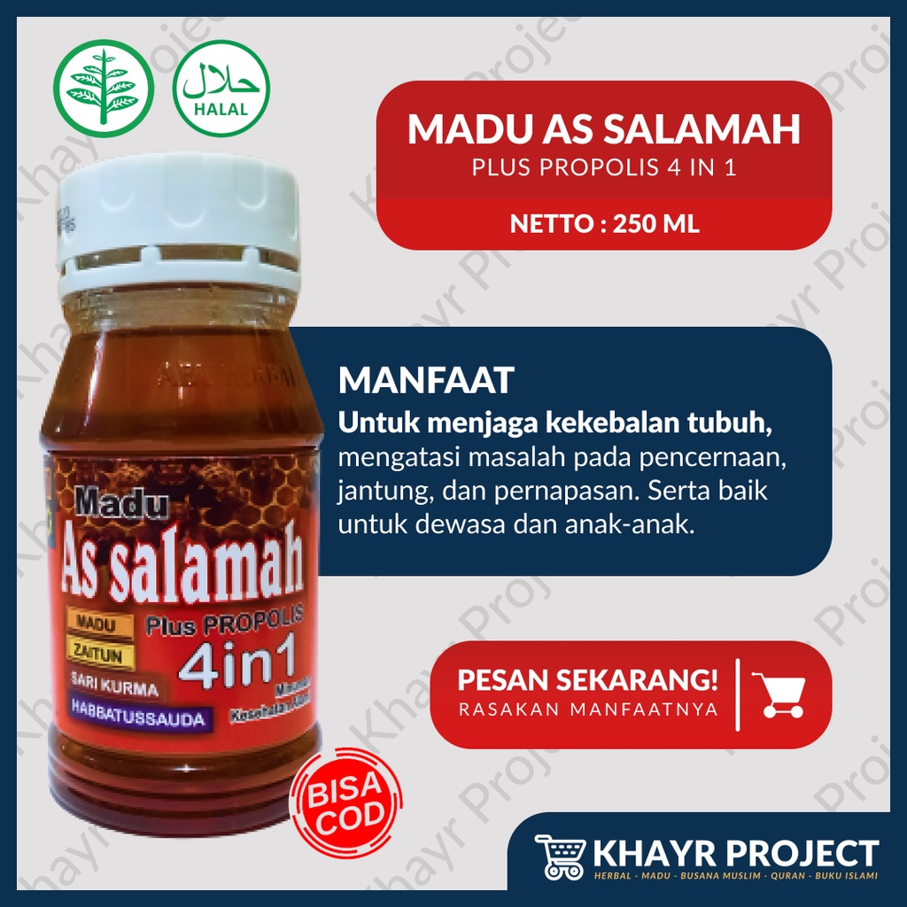 

Madu As Salamah 4 in 1 plus Propolis Habbatussauda Sari Kurma Zaitun Madu Herbal