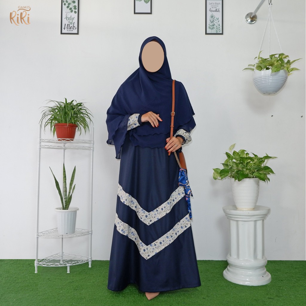 Gamis Syar'i Polos Wanita RiRi Model Hasna Motif Jepang Print Bunga Bahan Katun Toyobo Fodu