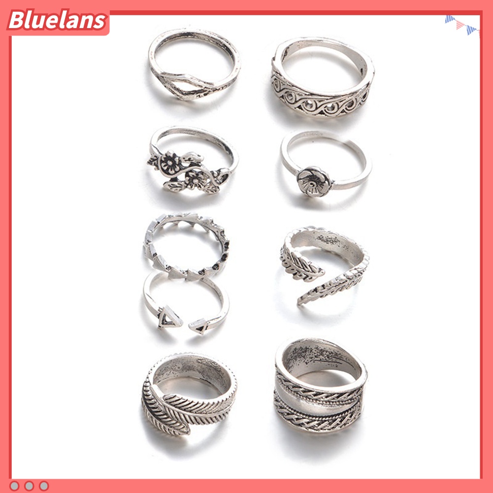 Bluelans 9 Pcs Vintage Women Hollow Carving Flower Leaves Open Band Knuckle Ring Set