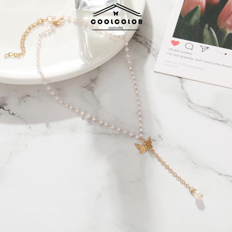 COD Retro Butterfly Pearl Kalung Lembut Gadis Kecil Cinta Liontin Kalung Rantai Klavikula- cl