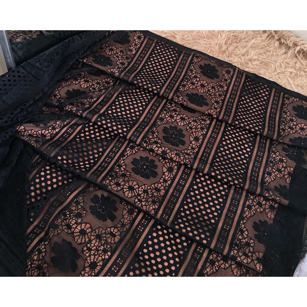 Kain Bahan Brokat Halus Meteran Gamis Brukat Lace Royal Warna Hitam