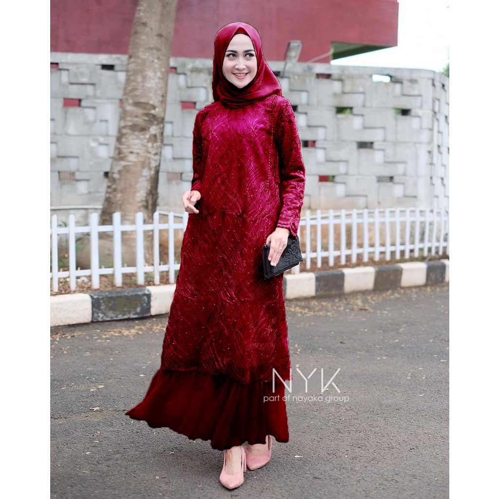 Gamis Arsya Tulle Mutiara - Maxi Brokat Kekinian - Gamis Rempel Kombinasi Tutu - Outfit Dress Remaja Kekinian