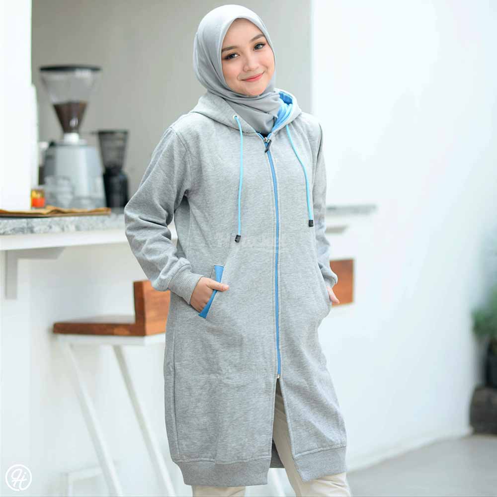Jaket Jacket Polos Hoodie Panjang Wanita Cewek Muslimah Hijabers Kekinian Abu Muda Hijacket BC Grey-Abu Biru Turkish