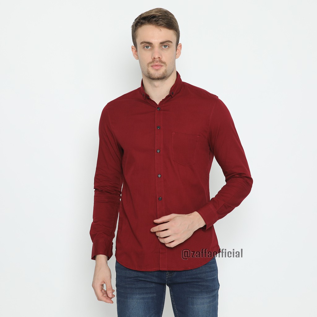 Zaffa Kemeja Polos Pria Lengan Panjang Pendek Formal Katun Poplin Kerja Kuliah Maroon Basic Shirt Slimfit Z-3002