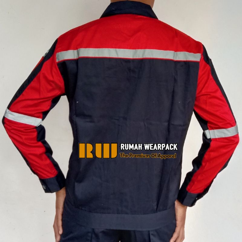 Baju Kerja/ Wearpack Proyek/ Seragam Kerja Atasan Navy Kombinasi Merah