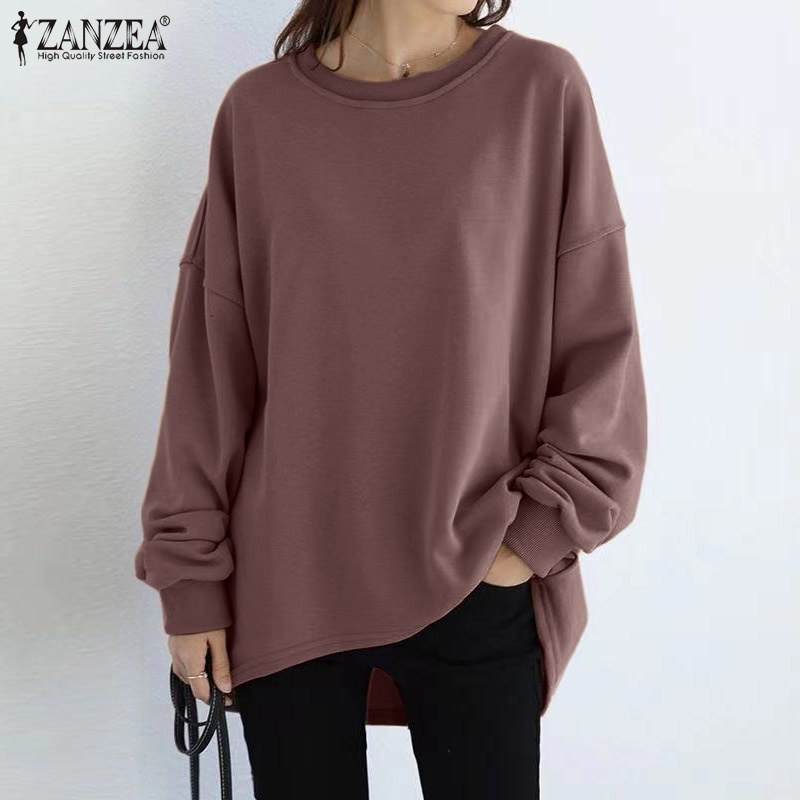 ZANZEA Womens Long Sleeve Loose Casual Sweatshirt Pullover Plain High Low Sweater Shirt