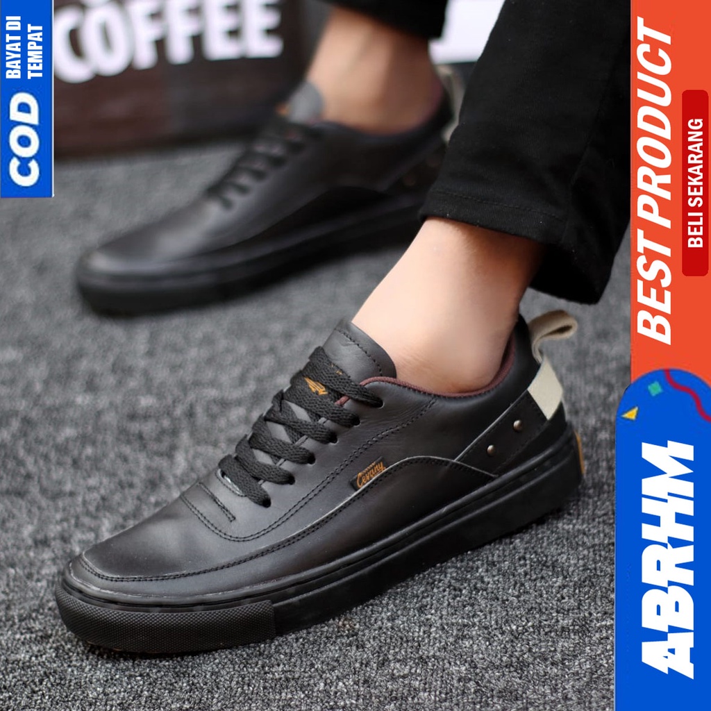 Sepatu Formal Kulit Asli Full Hitam Tali Pantofel Pria Kerja ABRHM CYRE