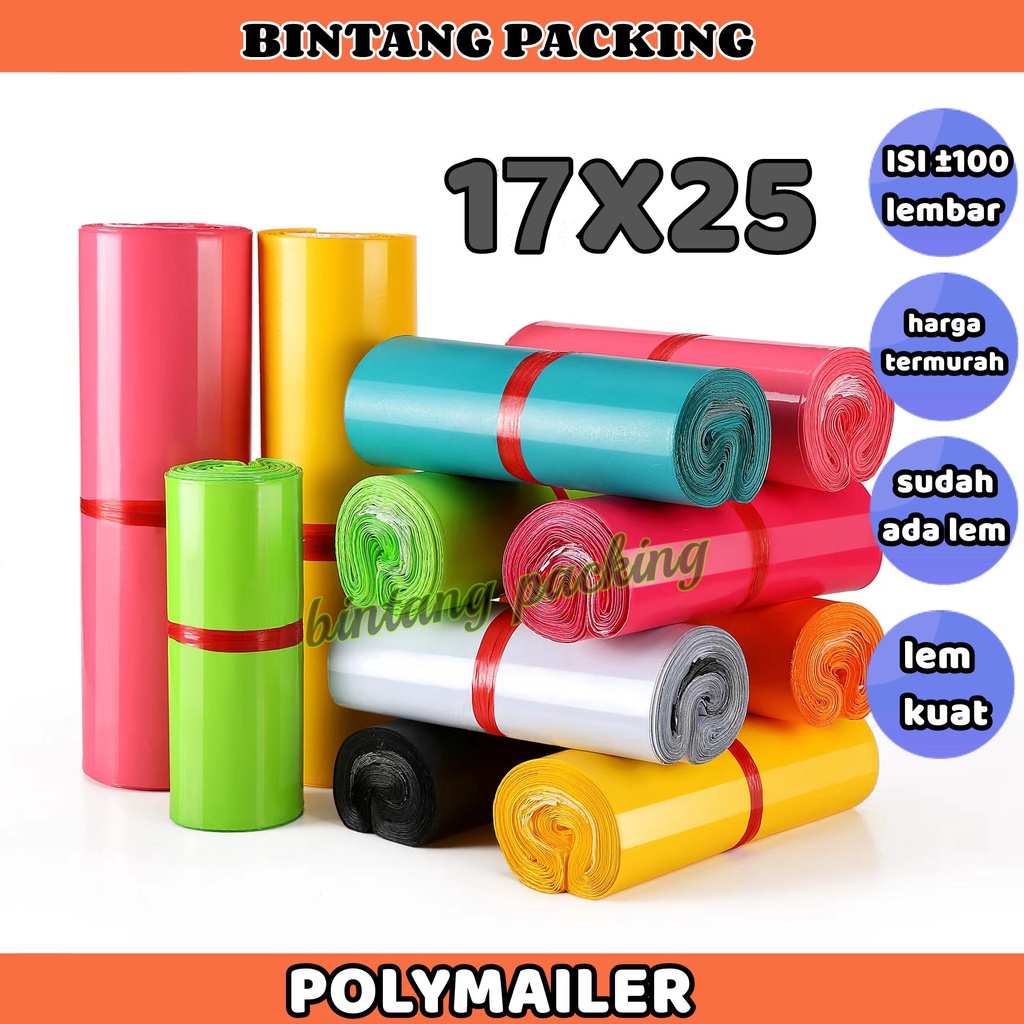 

Plastik Packing Baju / Polymailer Olshop LDPE 17X25CM Glossy Isi 100Pcs Lem Perekat Termurah