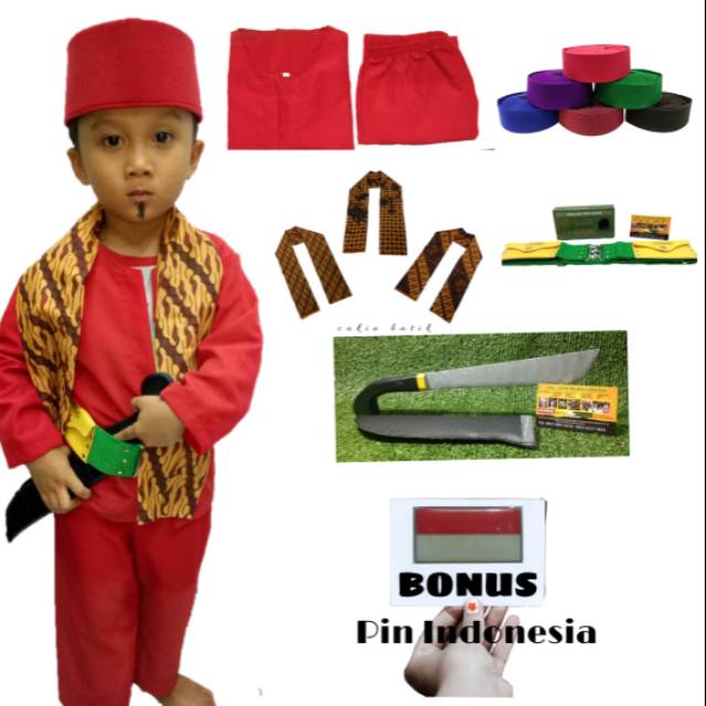 Baju Pangsi Baju Betawi Terlengkap Selendang Pin Bendera Golok Mainan