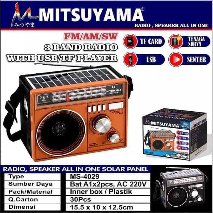 COD RADIO SPEAKER ALL IN ONE SOLAR PANEL MITSUYAMA MS-4029 FM/AM/SW/ 3 BAND RADIO WITH USB/TF PLAYER// RADIO 3 BAND MITSUYAMA MS-4029