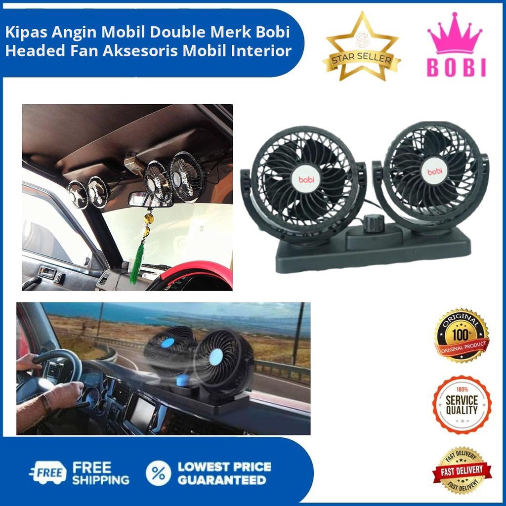 Kipas Angin Mobil Double  12V Merk Bobi / Headed Fan Aksesoris Mobil Interior / Kipas Angin Mobil Termurah