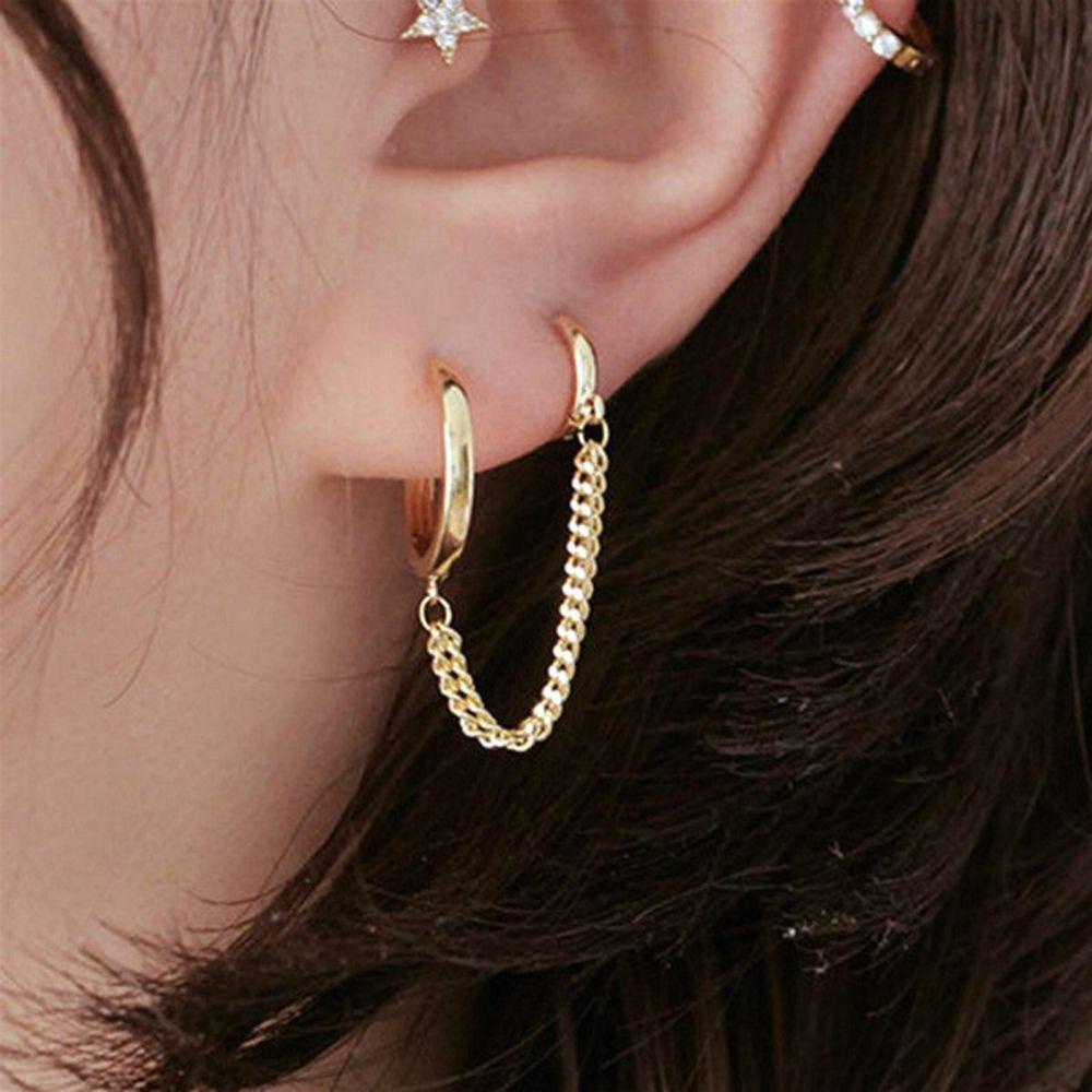 NEEDWAY Anting Rantai Rumbai Keren Geometris Hadiah Liontin Tindik Logam Gaya Korea Hoop Earring