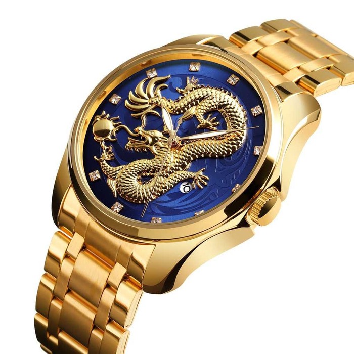 Jam Tangan Analog Pria Motif 3D Dragon Naga Stainless Steel Waterproof
