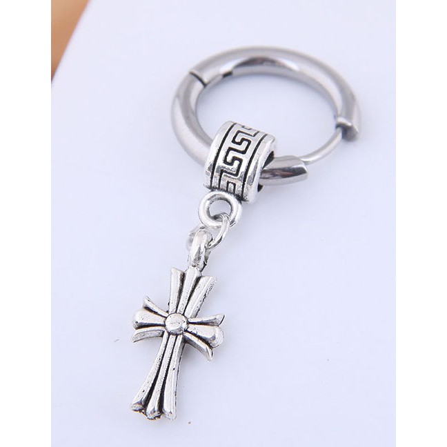 LRC Anting Tusuk Fashion Silver Titanium Steel Cross Stud Earrings A59354