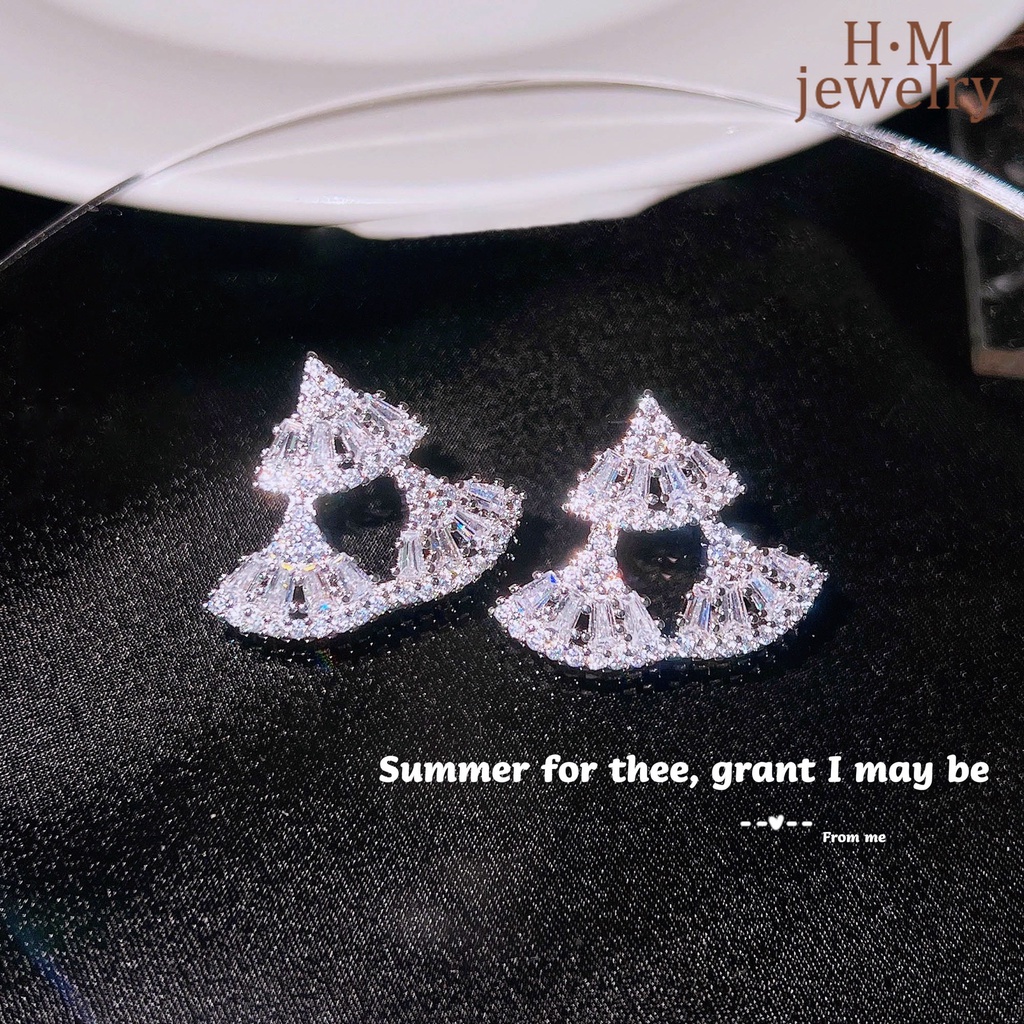 Anting Tusuk Sterling Silver 925 Desain Kipas Hias Berlian Untuk Wanita