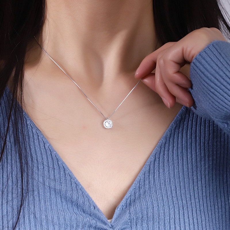 Kalung Rantai Sterling Silver Dengan Liontin Berlian Bentuk Kotak Untuk Wanita