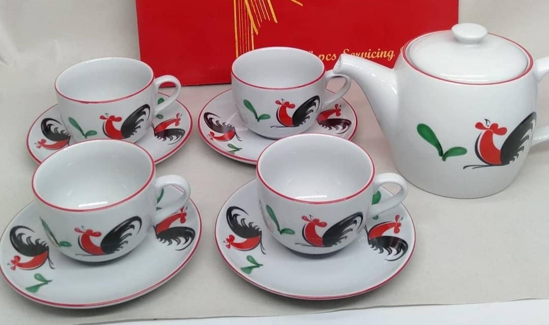 Teko Set Motif Ayam Jago Seri 2 / 1 Teko+tutup / 4 Cangkir+saucer