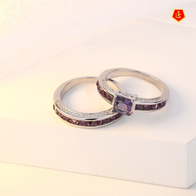 [Ready Stock]Inlaid Natural Amethyst Square Diamond Ring Set Female Fashion Noble