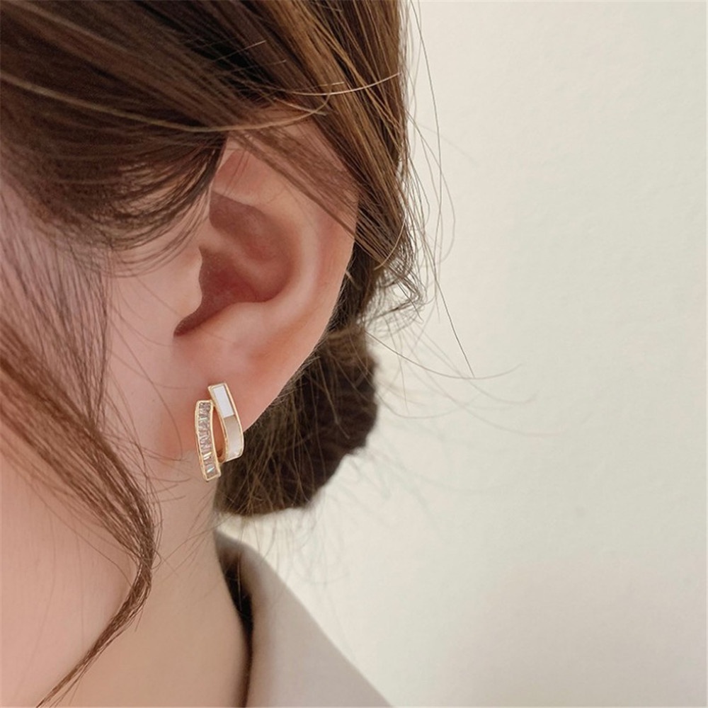 1 Pasang Anting Stud Berlian Imitasi Double Layer Gaya Korea Untuk Wanita