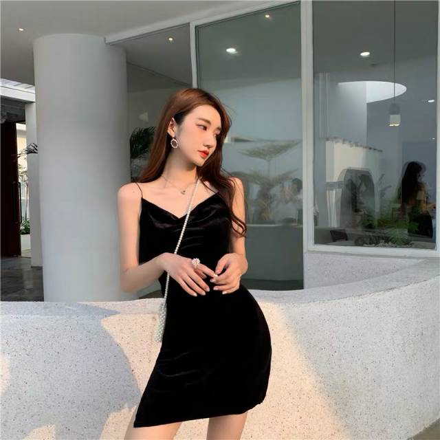 Backless Velvet Sexy Mini Dress Wanita Beludru Sexy 1051 (S-XL)