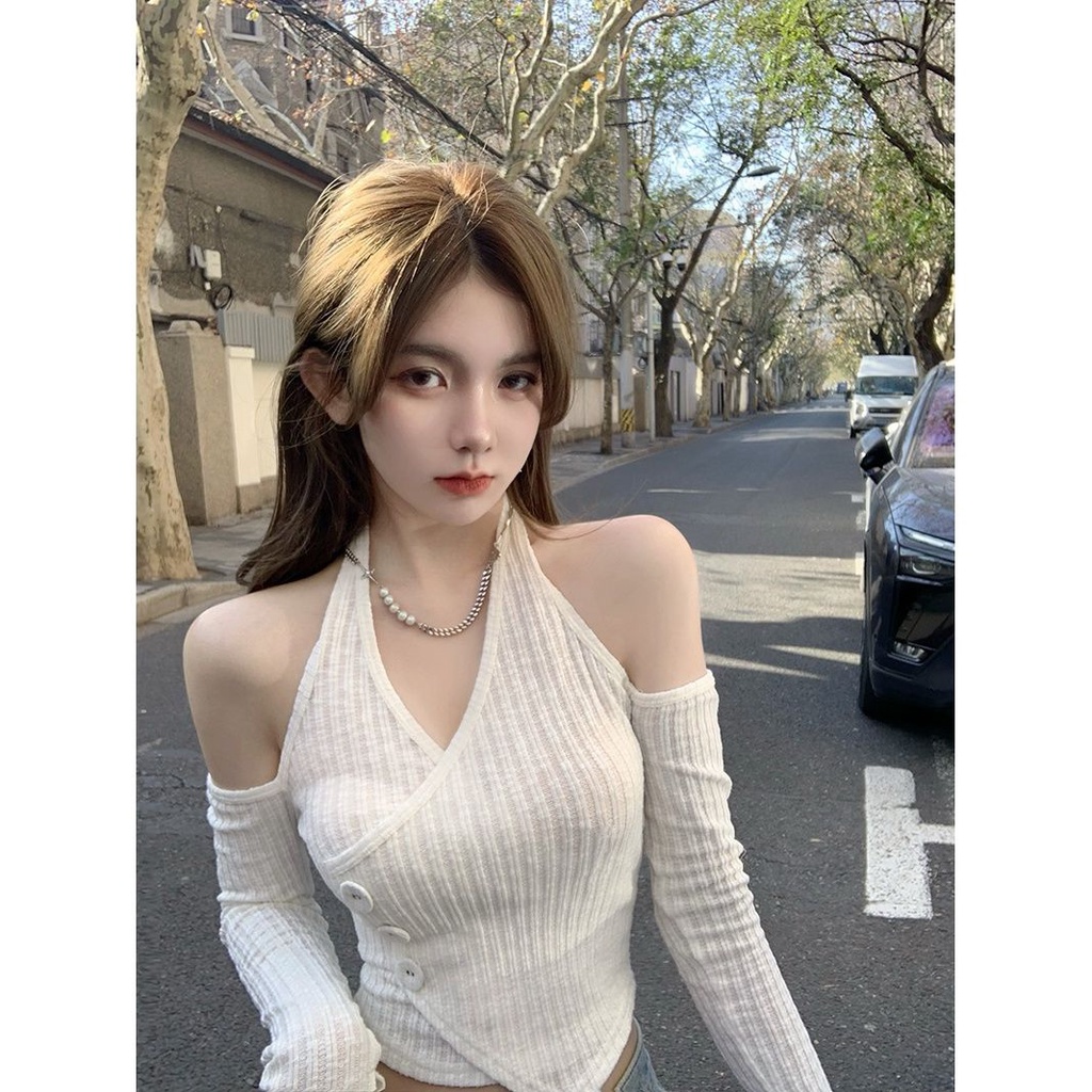 Suhao V-neck off-shoulder rajut bawah musim semi wanita dan musim panas chic high-end jaket pendek