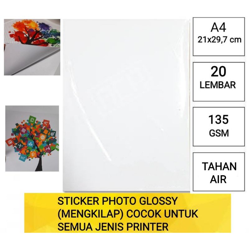 

INKJET STICKER glossy mengkilap A4 isi 20 lembar/kertas stiker foto mengkilap