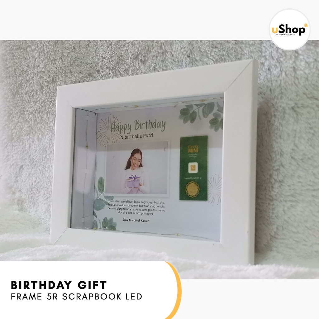 Birthday Gift Frame 5R Scrapbook LED Kado Ulang Tahun Kado Anniversary Logam Mulia Emas Mini