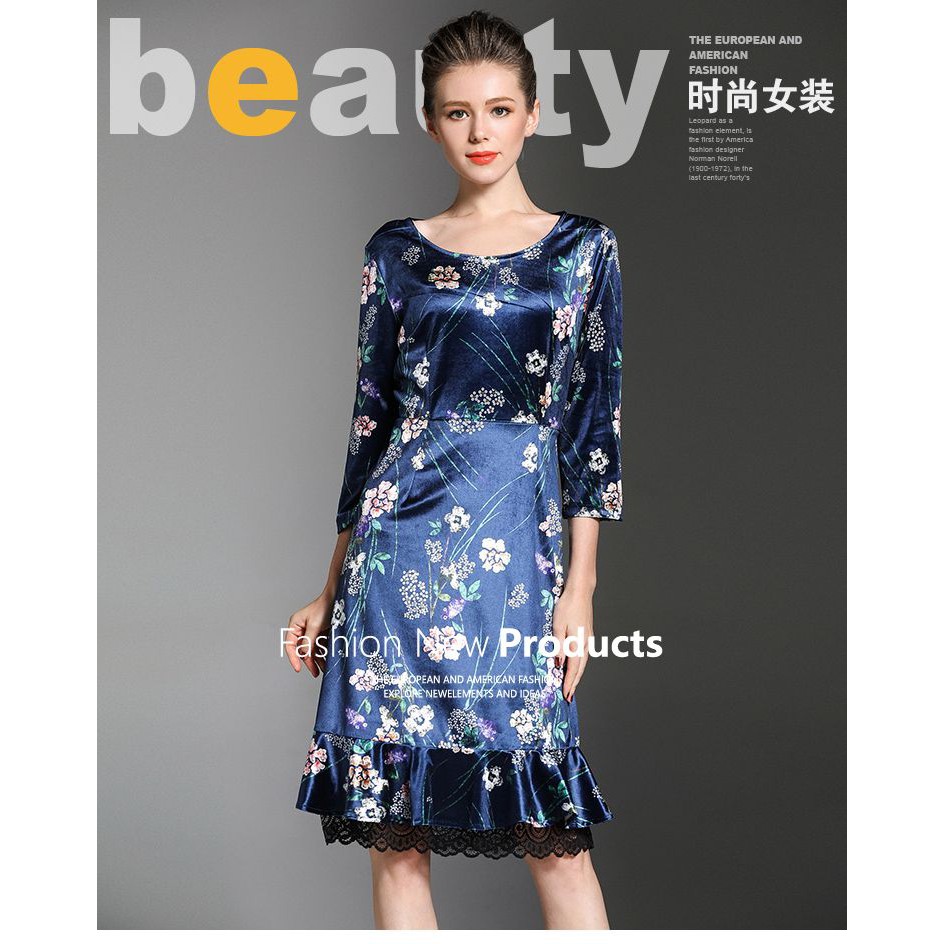 Casual Midi Dress Motif Bunga Lengan Panjang Import - 32040 Blue Silk Elegant Dress
