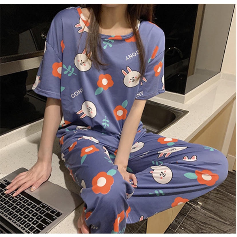 PIYAMA DEWASA WANITA KARAKTER BAHAN KATUN KAOS + CELANA PANJANG IMPORT KARTUN NEW! / BAJU TIDUR SETELAN IMPORT-Cony Line  (Blue)